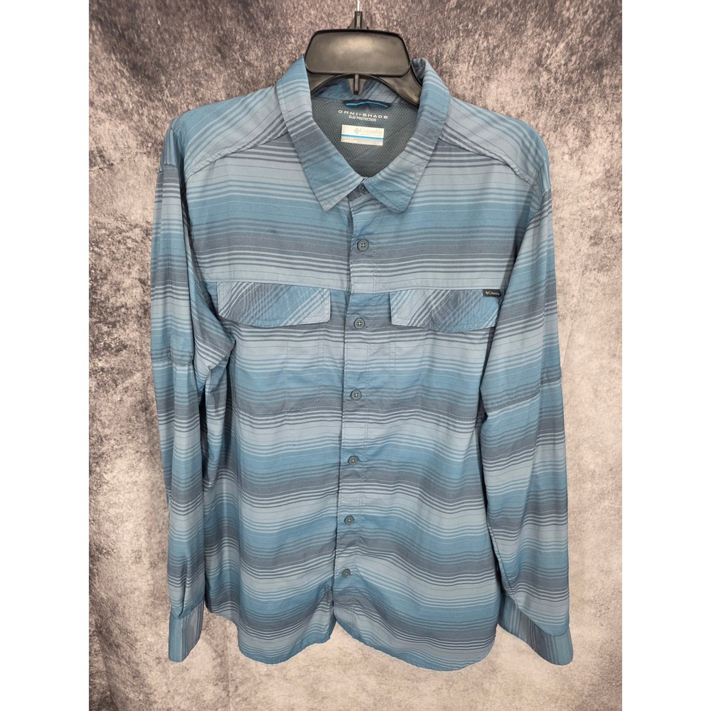 Columbia Shirt Mens Large Blue Stripe Vented Mesh Back Fishing Hiking Omni Shade